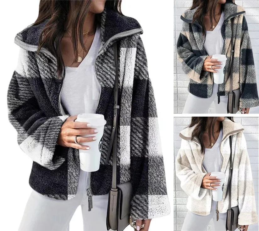 

Fall/Winter 2023 New Reversible Plush Plaid Jacket Plus Size Women's