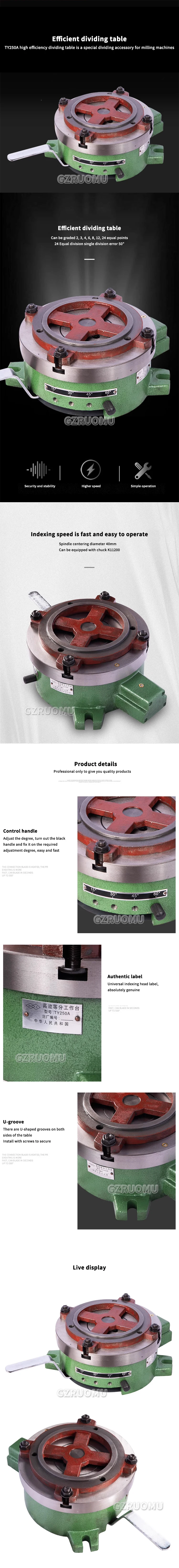 TY250A Indexing Plate Rotary Table Dividing Head Vertical &Horizontal & 40mm Lat