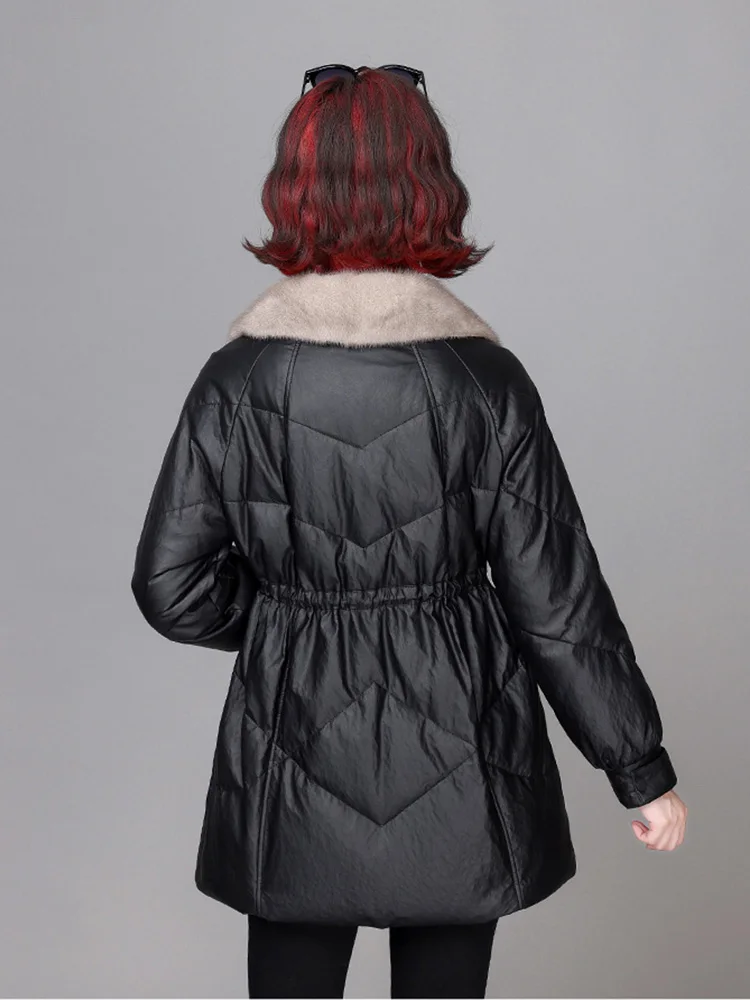 New Women Sheep Leather Down Coat Winter Casual Fashion Thicken Mink Fur Collar Drawstring Loose Medium Leather Down Jacket