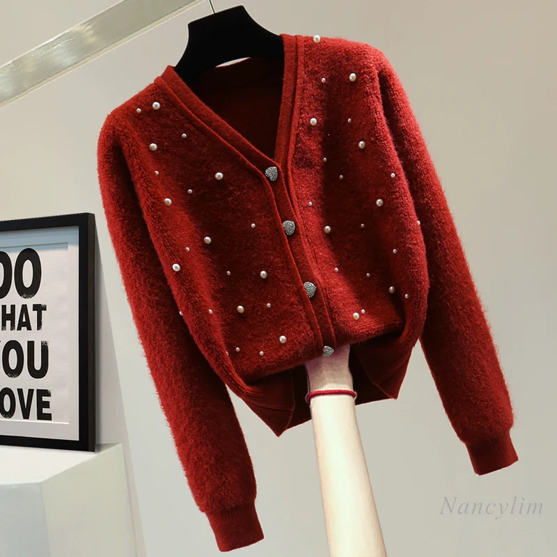 

Женский Однотонный свитер с V-образным вырезом, длинным рукавом и бусинами