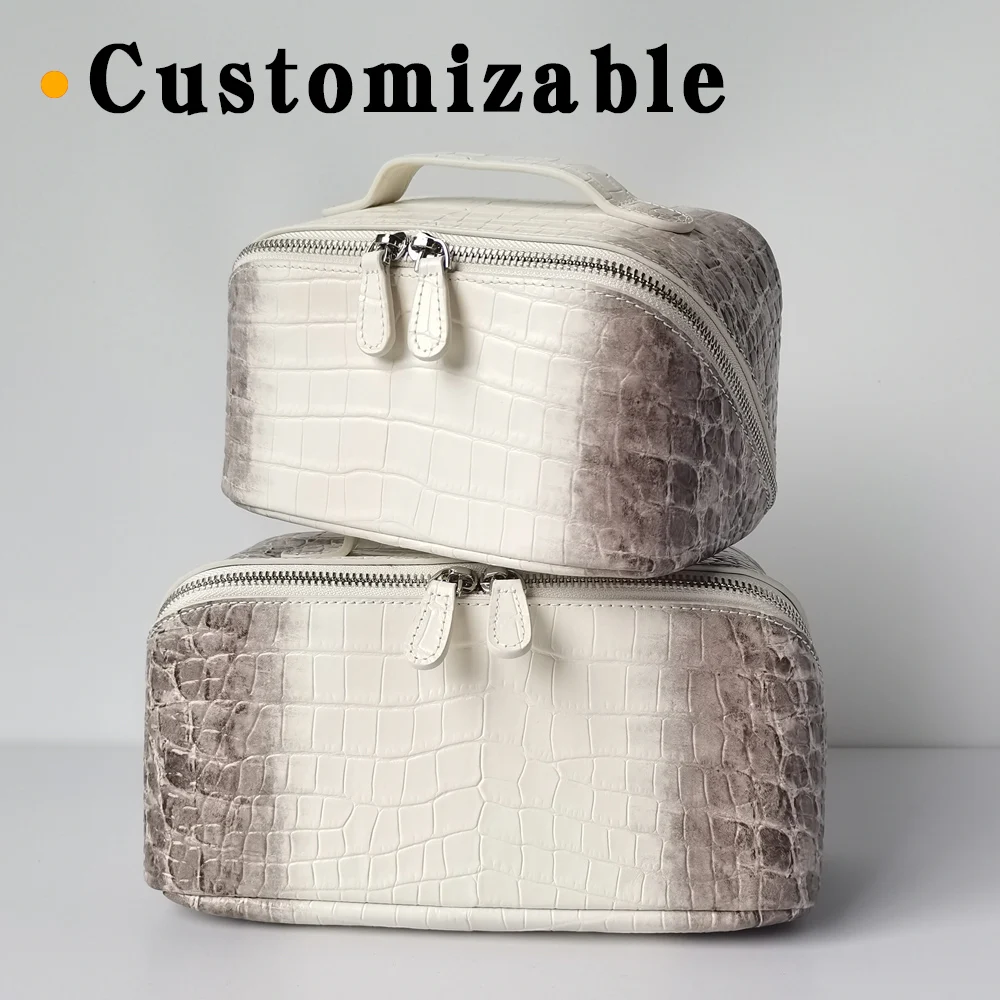 New Himalayan Color Makeup Bag Set with First Letter Embossing Genuine Leather Crocodile Texture Cosmetic Storage Case Make Up 3