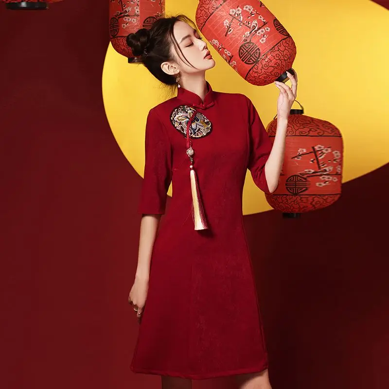 Guochao Qipao Autumn 2024 Fashioned Maiden Dresses Bridal Toast Dress  Red Dress  Cheongsam Modern  Chinese Dresses
