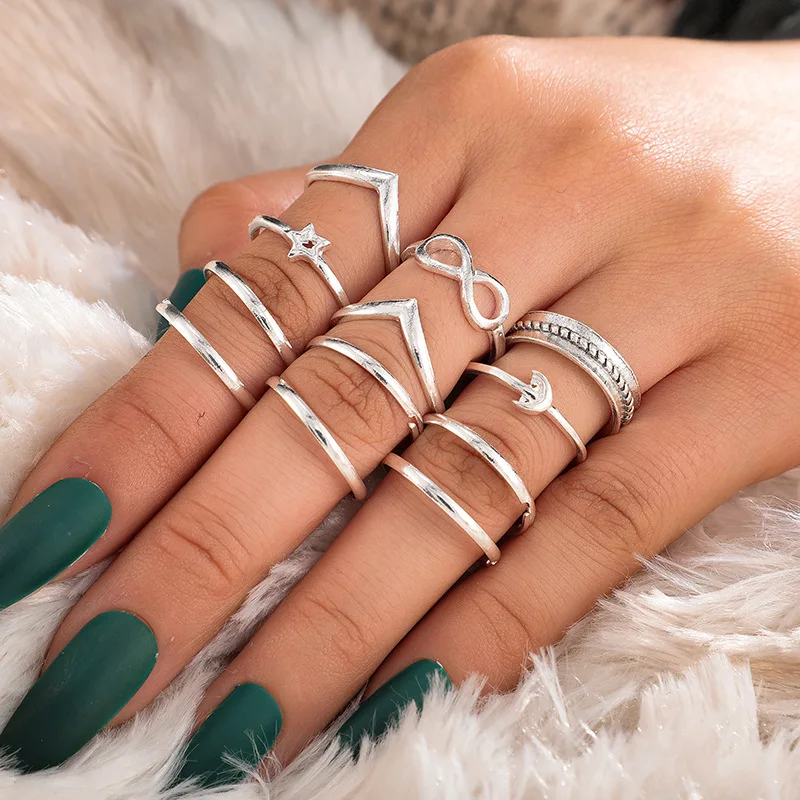 12pcs/set Bohemian Ethnic Style Silver Color Midi Ring Set Personality Star Moon Alloy Geometric Party Wedding Rings for Women |