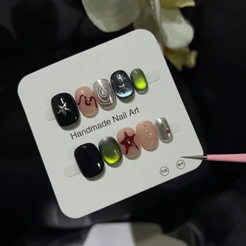 10pcs Handmade Press on Nails Five-Pointed Star Cat Light Mirror Fake Nail for Women&Girls Short Oval Detachable Wearable Nail