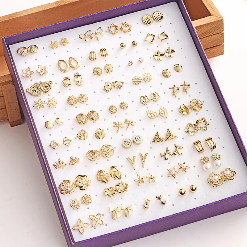50PairsboxWomensZincAlloyEarringsColorRoundHypoallergenicEarringsWeddingJewelryBox