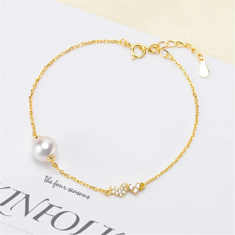 

DIY Pearl Accessories S925 Sterling Silver Pearl Bracelet with Empty Support Heart Style Bracelet Paired Fit 7-10mm Round Beads