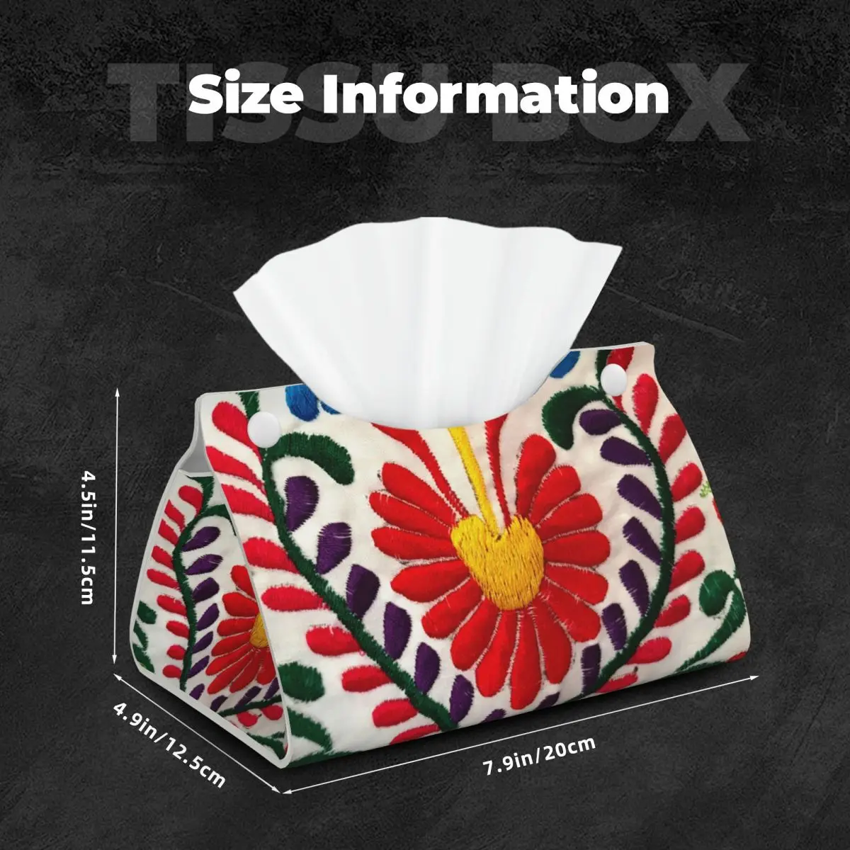 Custom Mexican Flowers Art Tissue Box Cover for Bathroom Car Textile Embroidery Rectangular PU Leather Facial Tissue Box Holder 5