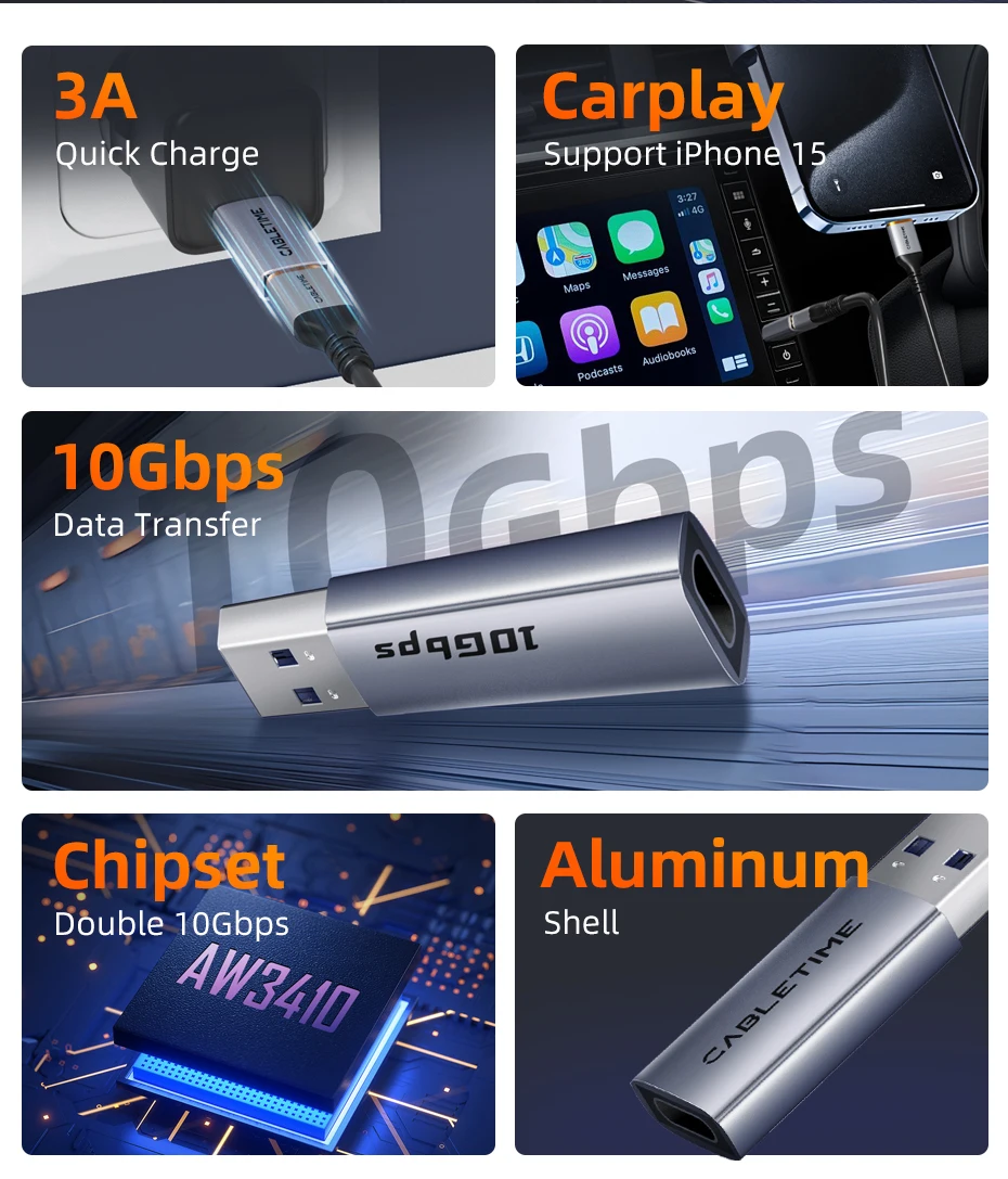 CABLETIME 10 Gbit/s USB-auf-Typ-C-OTG-Adapter Gen 2 Hochgeschwindigkeits-Datenübertragung USB-C-Stecker auf A-Buchse für MacBook Pro iPhone 16 iPad – Detail 12