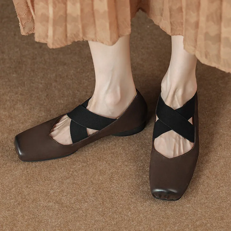 

2022Hot Fashion Women Ballet Shoes Elastic Cross Strap Espadrilles Vintage Brown Ballerine Moccasins Femmes Lady Black Creepers
