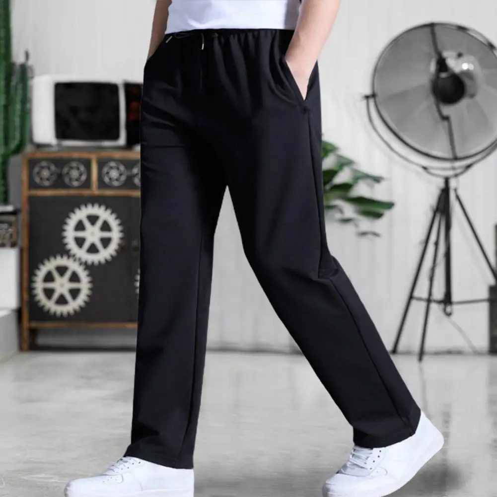 

Mid-rise Drawstring Elastic Waistband Pockets Men Pants Summer Solid Color Straight Fit Thin Daily Clothing Male Accessories