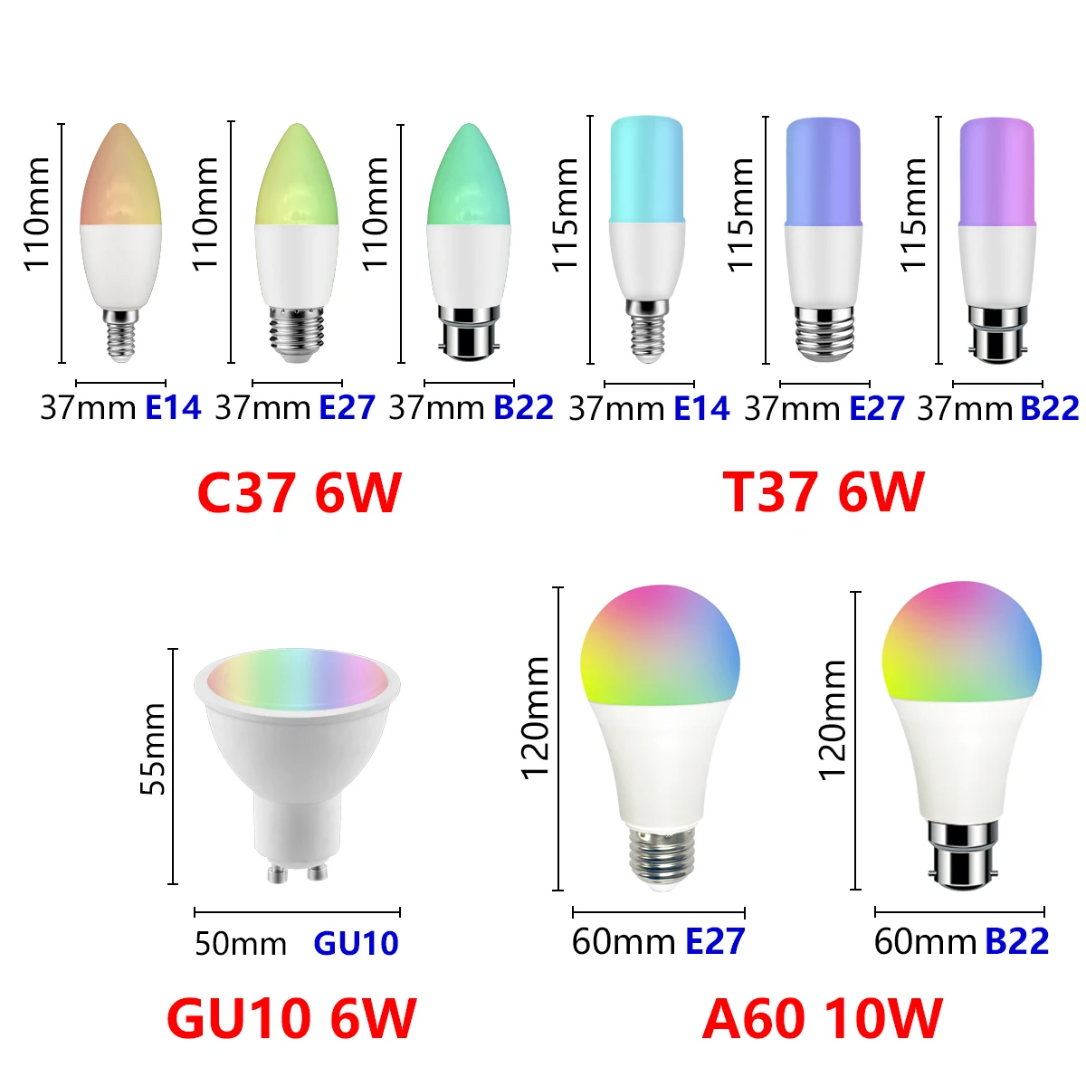 Tuya Rgb 스마트 Gu10 C37 A60 T37 E14 E27 B22 전구 디밍이 가능한 Wifi Led 매직 램프 AC 110V 85V-265V Alexa Google 홈과 함께 작동
