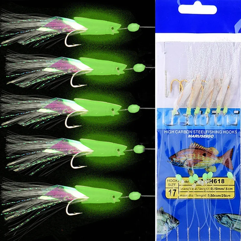 

5pcs High Carbon Steel Astringency Mackerel Feathers Bass Lure Bait Jigs Fish Head Fishing Luminous Fish String Hook Accessories