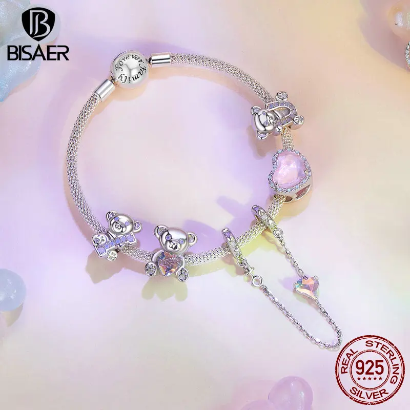 BISAER 925 Sterling Silver Pink Monet's Gardon Charm Bead Bear