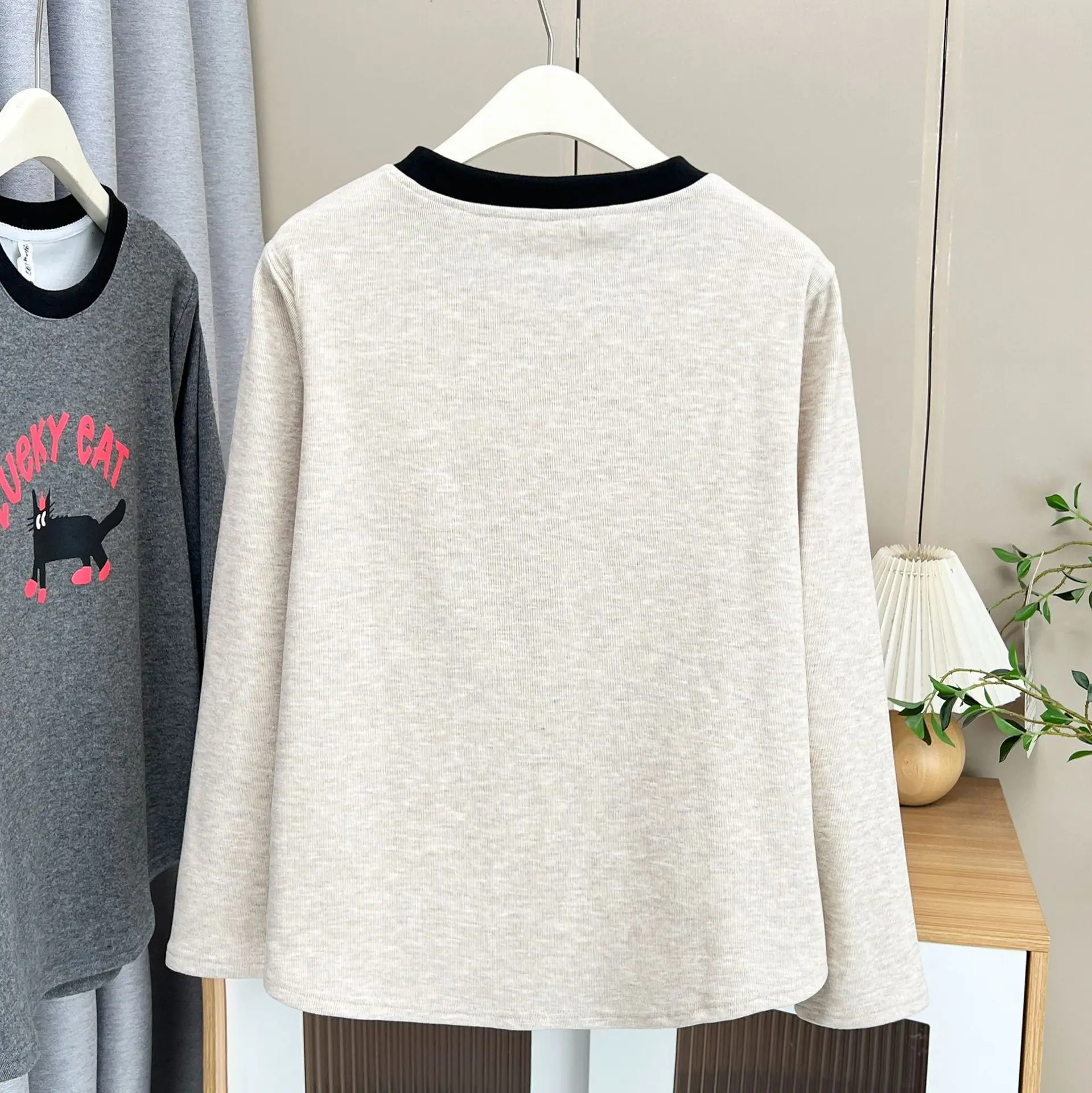 XXXXL Fashion Plus Size Women's T-Shirt 2025 Autumn Winter New Style Youthful Color Block Printed Cartoon Fleece Warm Base Tops