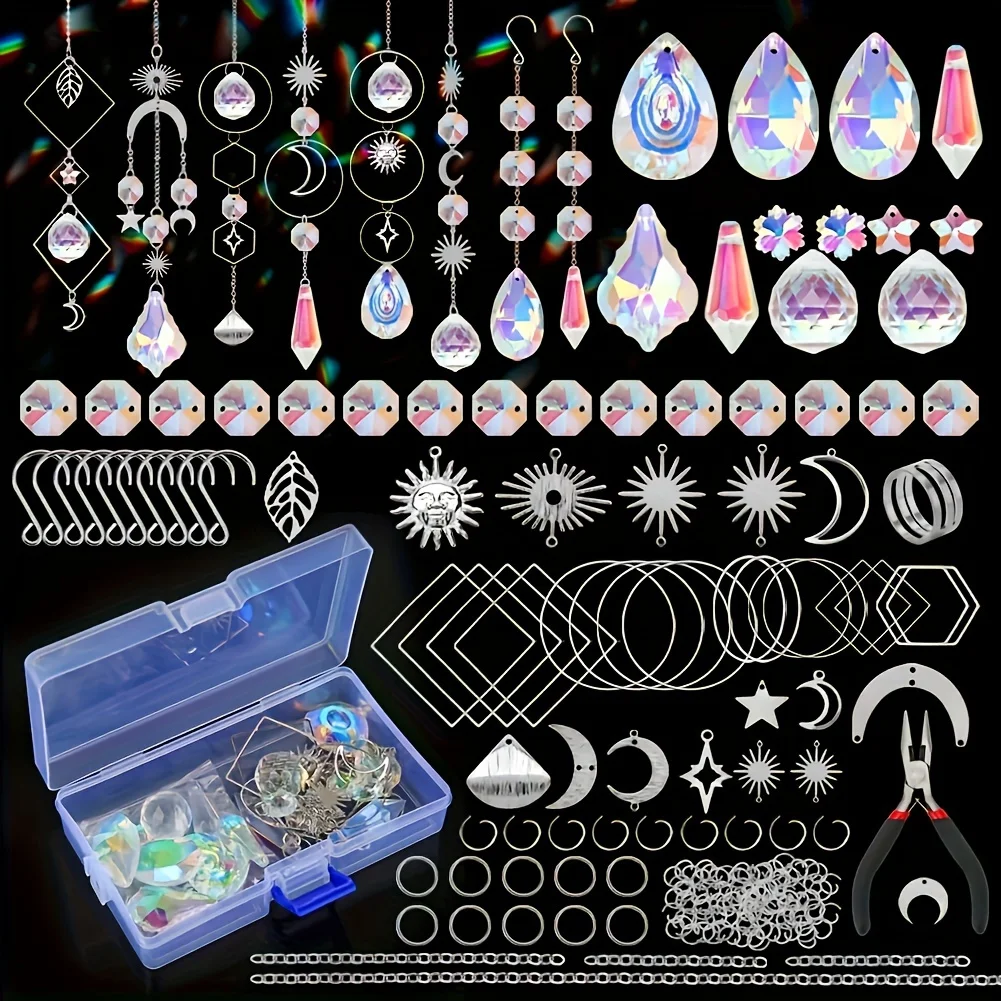 Suncatcher 200pcs/set DIY Colorful Glass Hanging Crystals Pendants Chain for Home Garden Decoration