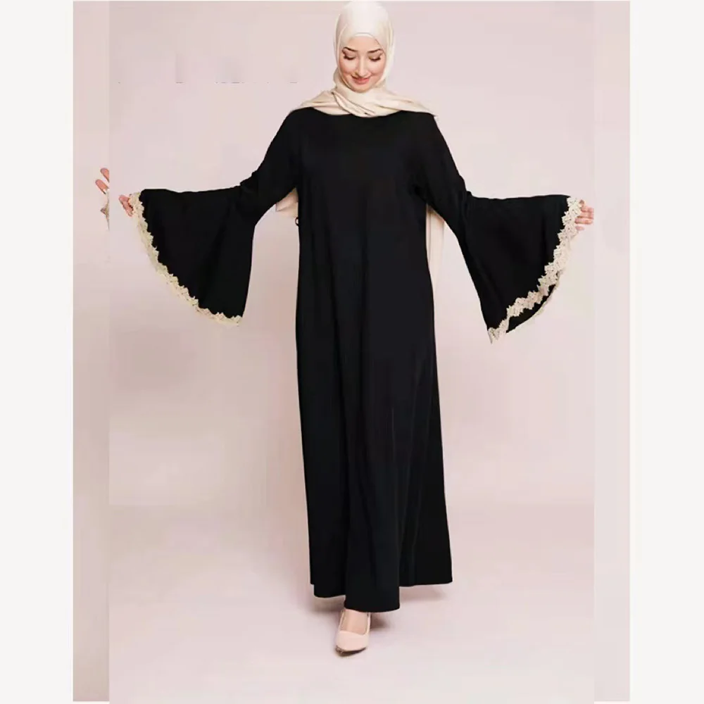 

Middle Eastern Arab Trumpet-Sleeved Temperament Robe 2023 New Solid Color Patchwork Ruffle Lace Dress Daily Slim Women's Clothes