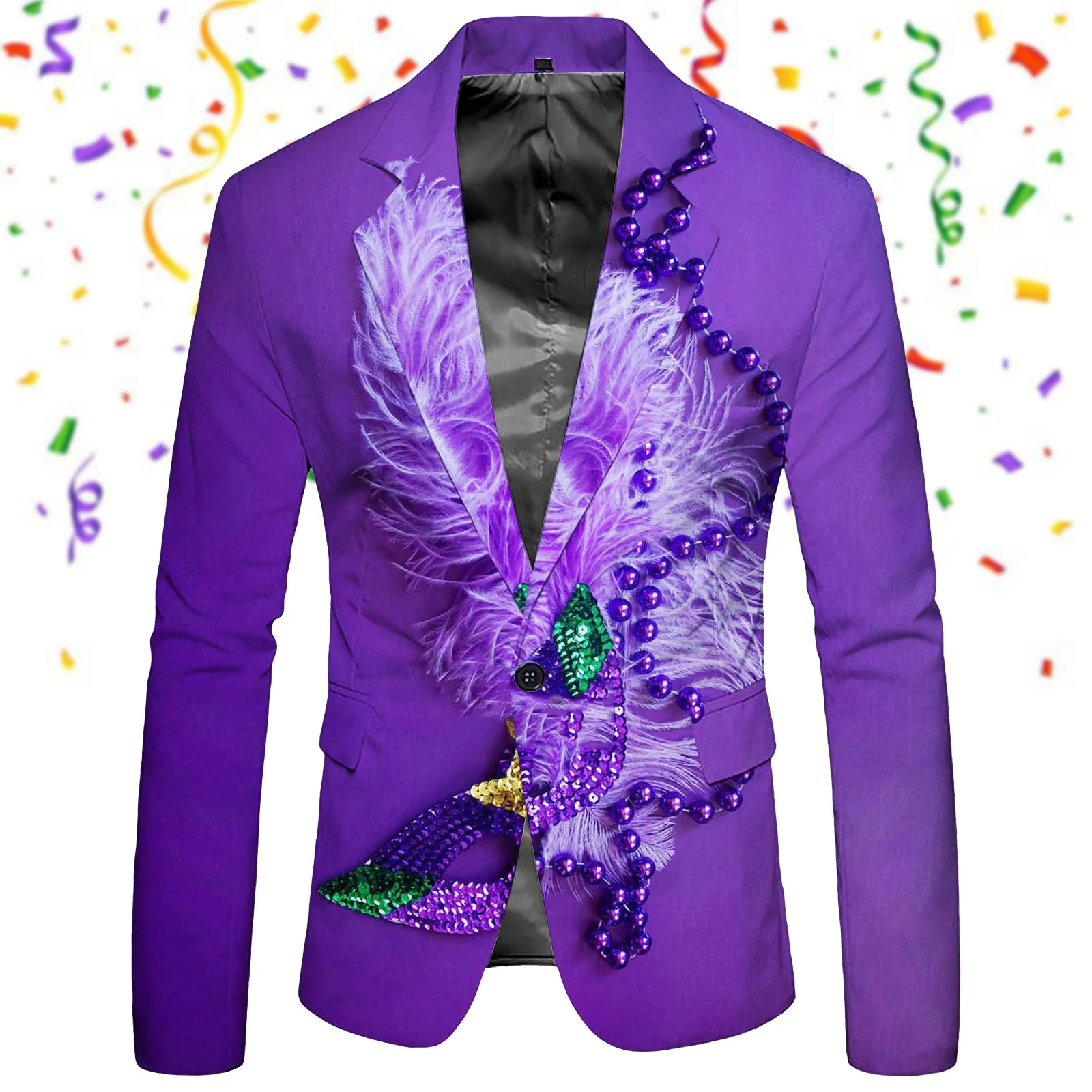 Mardi Gras Printed Men's Blazers Jacket Long Sleeve Slim Fit Buttons Suit Coat Pockets Carnival Holiday Party Lapel Men's Suit 3