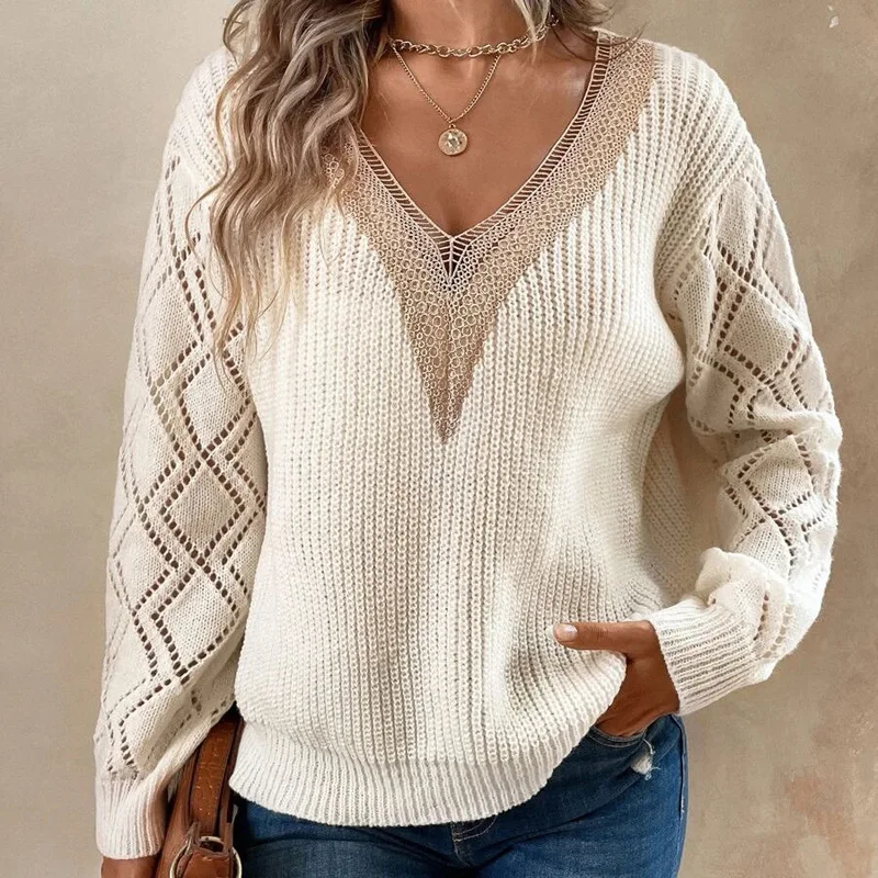 

2024 Spring knitting Women's Sweater White V-neck Hollow Out Long Sleeve Keep Warm Sweaters Female Spring Casual Ladies Clothes