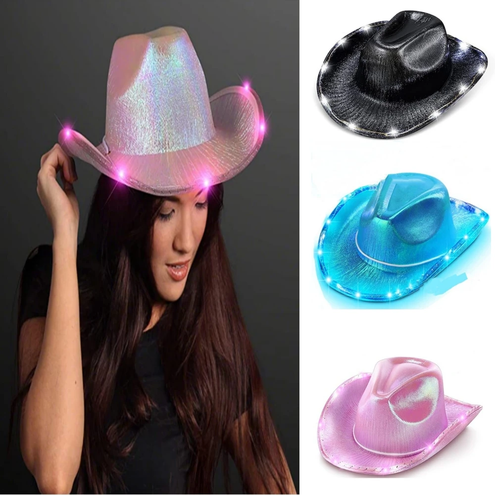 

Pearlescent Blinking Lights Pink Cowgirl Hat Holiday Costume For Women Western Cowboy Hat For Party Women Wide Brim Caps New