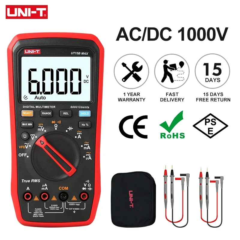 

UNI T Professional Digital Multimeter Tester UT15B MAX 1000V AC DC Voltage Meter Capacitor Tester True RMS Electric Multi Meter