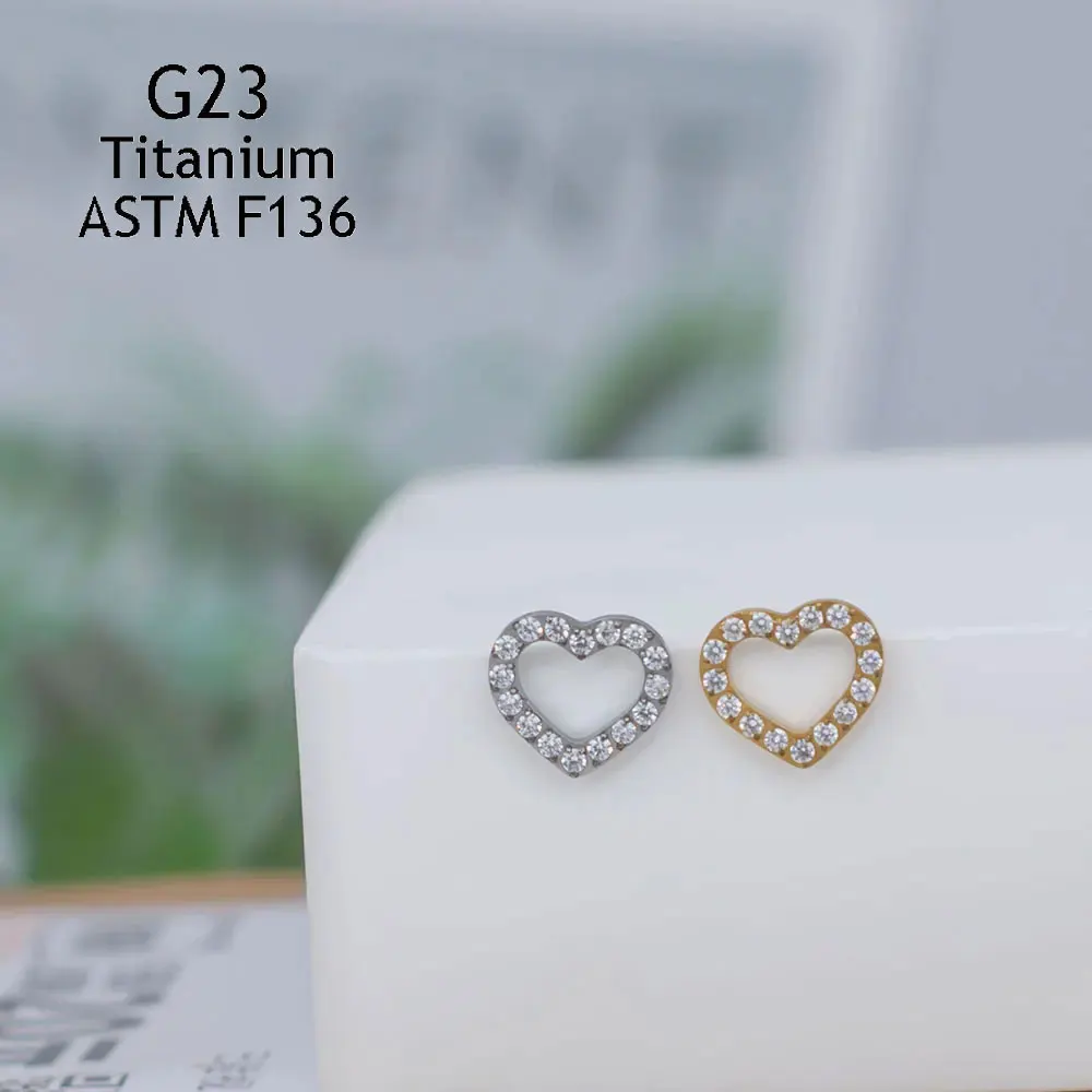 ASTM F136 티타늄 귀 스터드 세트 5A 지르콘 하트 Labret 귀 연골 헬릭스 링 코 피어싱 바디 쥬얼리 파인 귀걸이