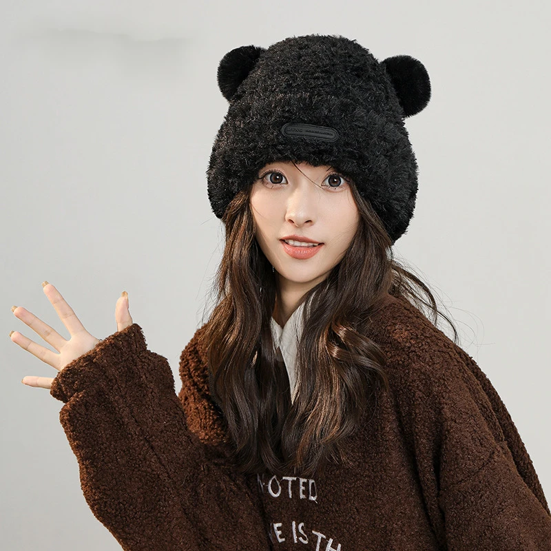 Sweet and Cute Bear Ear Knitted Hat for Children's Autumn and Winter Thickened Versatile Warmth Soft Glutinous Plush Ear Protection Cap_voghion.com