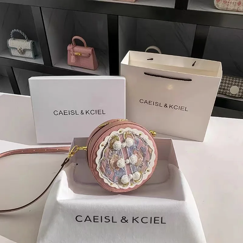 High Quality Women Fashion Lace Handbag Floral Pearl Beaded Embroidery Circular Bag Lady Purse Female Shoulder Crossbody Bag