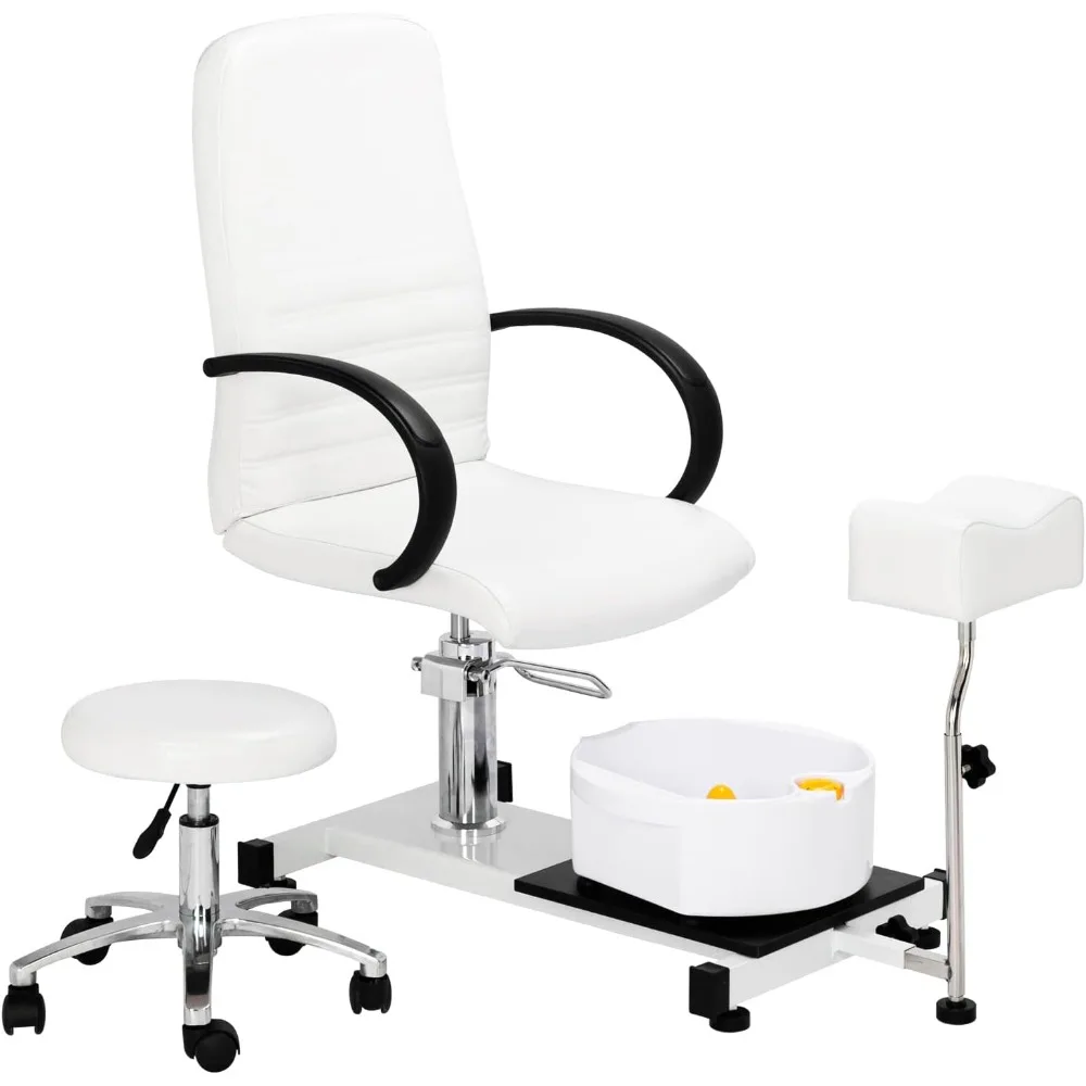 Pedicure Chair White with Stool & Bubble Massage Foot Bath, Hydraulic Pedi Chair for Nail Tech, Beauty Spa Salon Unit Station