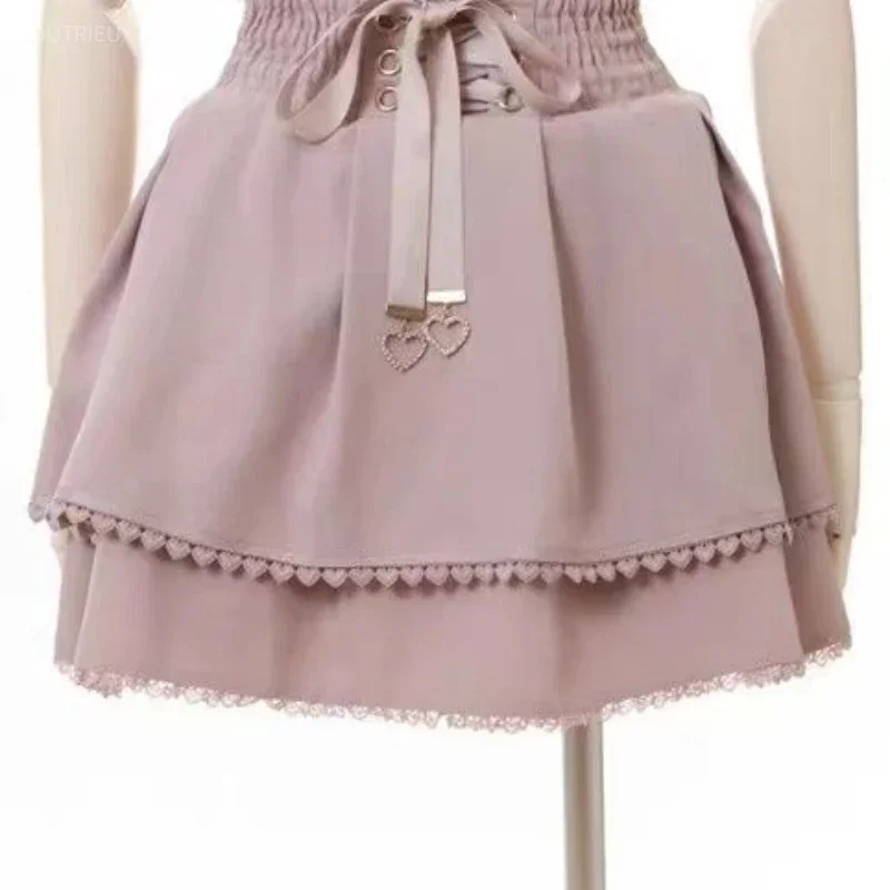 Japanese Kawaii Mini Cake Skirts Womens JK Jupe Fairy Bandage Lolita High Waist Y2k Aesthetic Sweet Lace Gothic Faldas Skirt 2