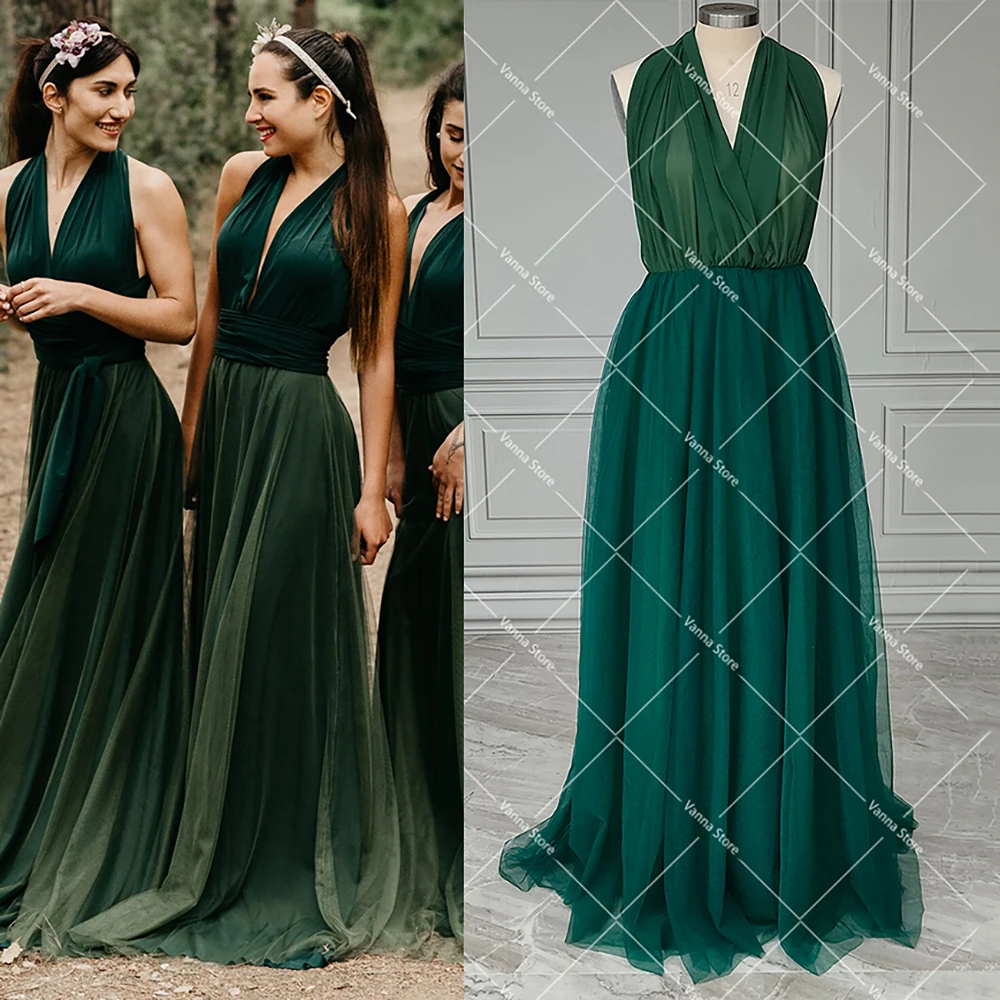 Sexy Deep V Neck Convertible Wedding Bridesmaid Dress Custom Made A Line Backless Real Photos Tulle Maid of Honor Evening Gowns