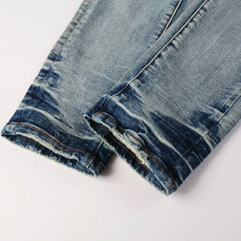 High Street Fashion Men Jeans Retro Blue Stretch Skinny Fit Ripped Jeans Men Bandana Patched Designer Hip Hop Brand Pants Hombre