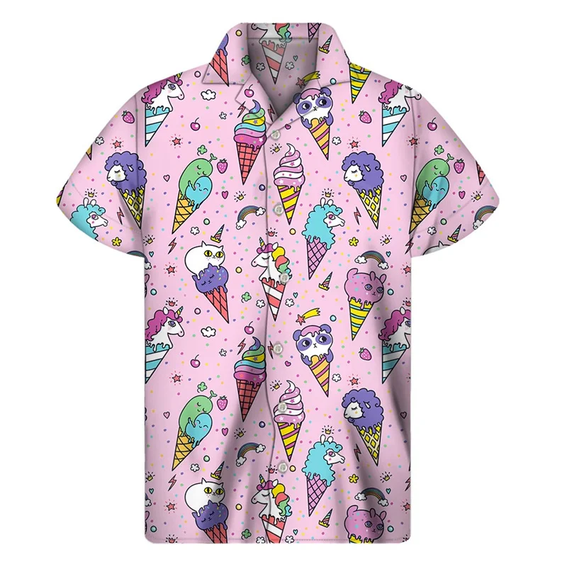 Cartoon Ice Cream 3D Print Hawaiian Shirt Men Summer Street Lapel Shirts Women Short Sleeve Tops Tees Oversized Button Blouse 4