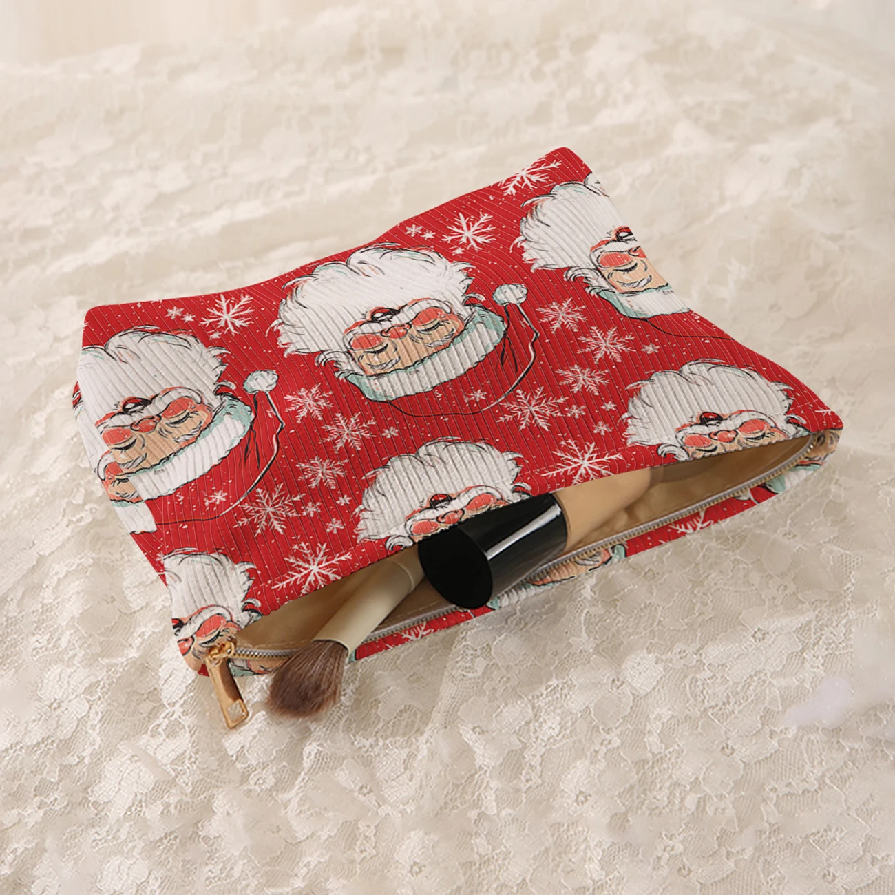 1 Christmas themed corduroy makeup bag, lightweight zipper makeup storage box, multifunctional bag with lining