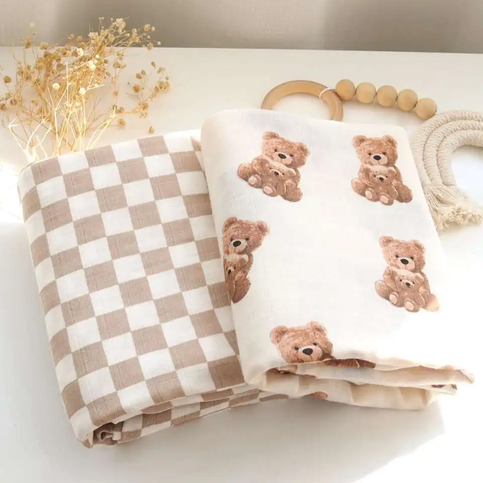 

Teddy Bear Muslin Swaddle Baby Blanket Super Soft 70% Bamboo 30% Organic Cotton 2 Layers Infant Baby Swaddle Wrap Blanket