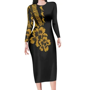 Autumn/Winter Black Clothing Woman 2022 Hibiscus Print Tight Dresses For Women With Round Neck And Long Sleeves Dress Party