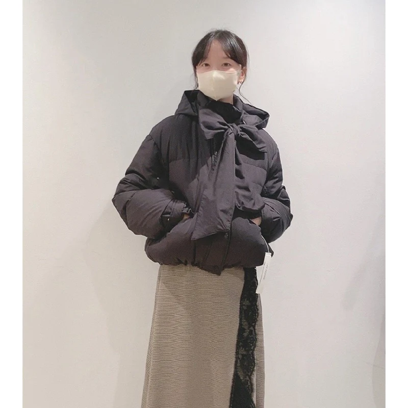 Japanese Style Sweet and Cute Women's Long Sleeve Down Jacket Winter Fashion New Hooded Bow Lace Up Slim Fit Short Down Jackets
