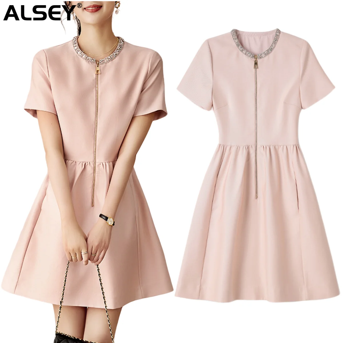 

ALSEY High-quality Counter with Same Fashionable Temperament Senior Drilling Front Zipper Slim A-line Round Neck Women's Dresses