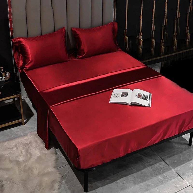 WashableBedCoverArtificialSatinFittedSheetHighEndSolidColor