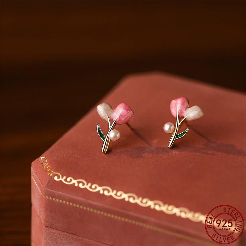 

French Light Luxury Pink Tulip Flower Pearl Stud Earrings For Women Korean Exquisite 925 Sterling Silver Earrings Party Jewelry