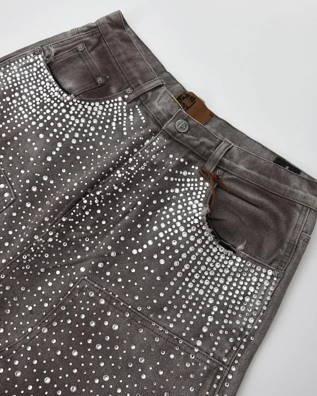 Gothic trend new rhinestone pocket exquisite denim shorts men's y2k hip-hop design personality style daily couple wide-leg pants
