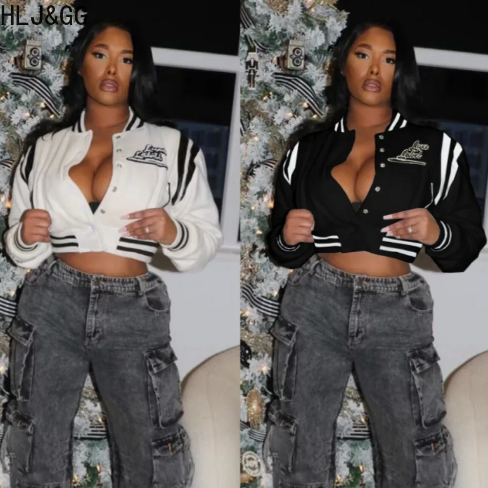 

HLJ&GG Fashion Streetwear Women Letter Embroidery Baseball Jacket Women Button Long Sleeve Pocket Crop Top Casual Female Clothes