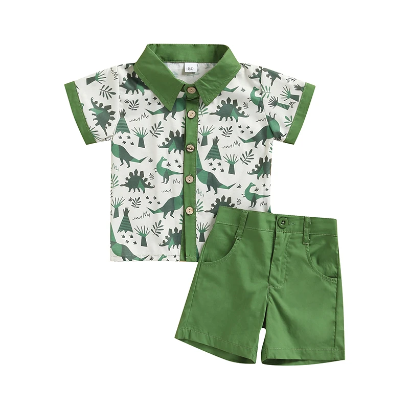Traje informal de moda para niños y bebés, camisa de solapa con estampado  de dinosaurio de dibujos animados + pantalones cortos de Color sólido verde|  | - AliExpress