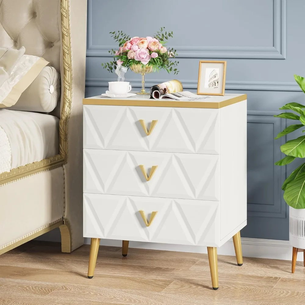 3-Drawer Nightstand Set of 2, Luxury Bedside Table End Table with Storage Drawers and Golden Legs, Modern Nightstand for Bedroo 6