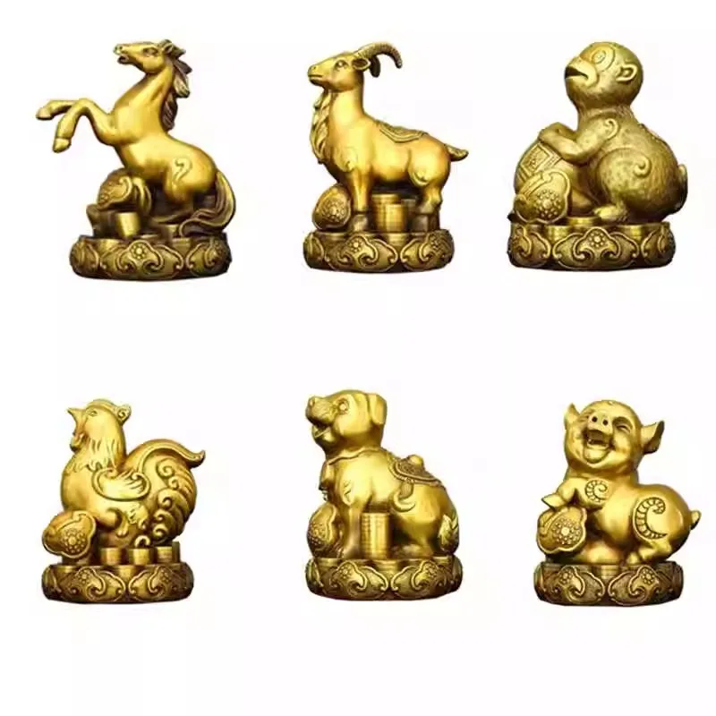 12 Chinese Zodiac Animal Figurines Set Pure Copper Rat, Ox, Tiger, Rabbit, Dragon, Snake, Horse, Goat, Monkey, Rooster, Dog,Pig