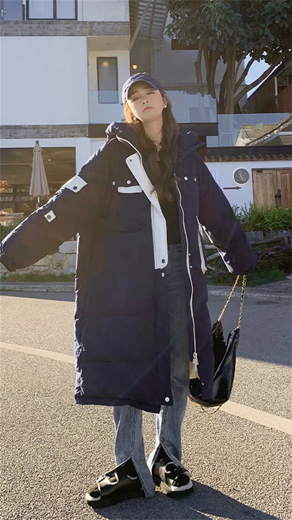 Navy Blue 90% White Duck  Down  for Women's Mid Length Winter New Design Sense Hooded Bread Jacket 2023