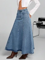 Women's denim long half skirt, with large A-shaped loose pleated design, stylish and elegant slanted pocket, nostalgic washed bl - Image 3