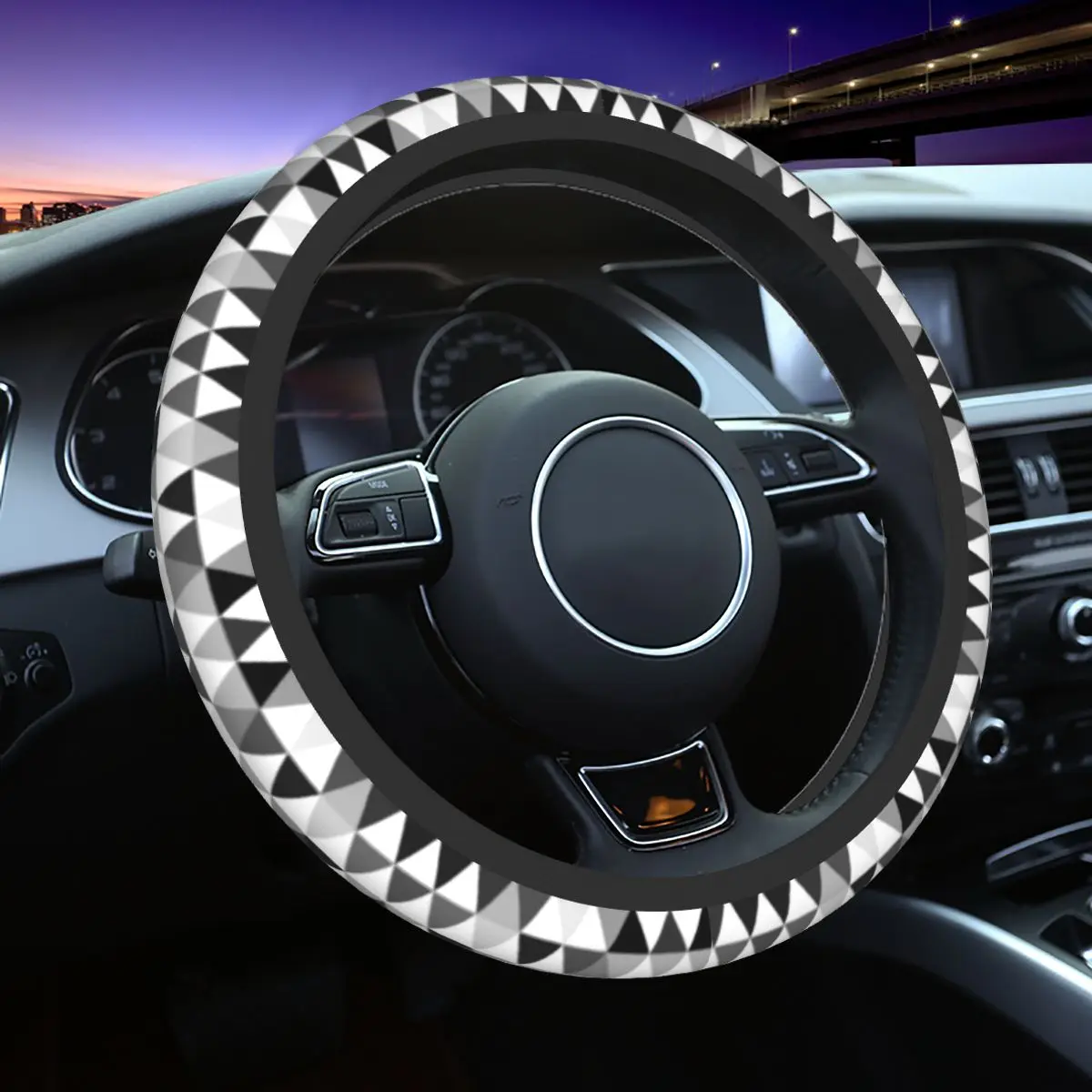 

Triangles In Black Grey And White Car Steering Wheel Cover 38cm Elastic Geometric Auto Decoration Steering-Wheel Accessories