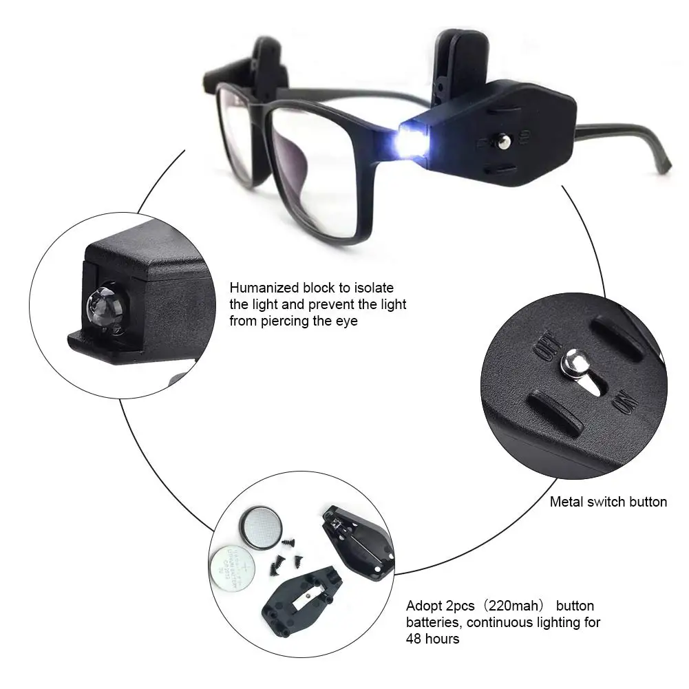 1Pair Adjustable Mini Flashlight Universal Glasses Reading Lamp Portable Eyeglass Clip Lantern Eyeglass Flexible Reading Light