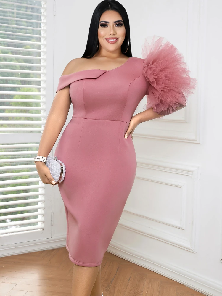 

Pink Plus Size Dresses for Women Cold Shoulder Flower Sexy Backless Empire Birthday Evening Party Curvy Gowns Backless Outfits
