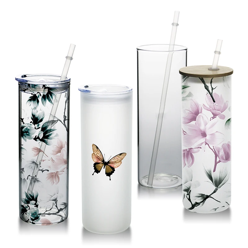 Sublimation Skinny Tumbler 20oz Clear Frosted Glass Juice Cups with Lid and  Straw Straight Drinking Bottle For Wedding Party